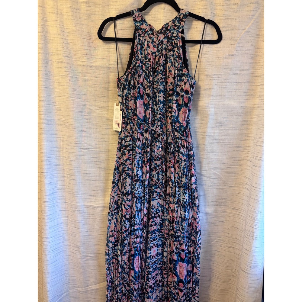Jessica Simpson Maternity Halter Maxi Dress Blue Pink Floral Pleated Small NWT
